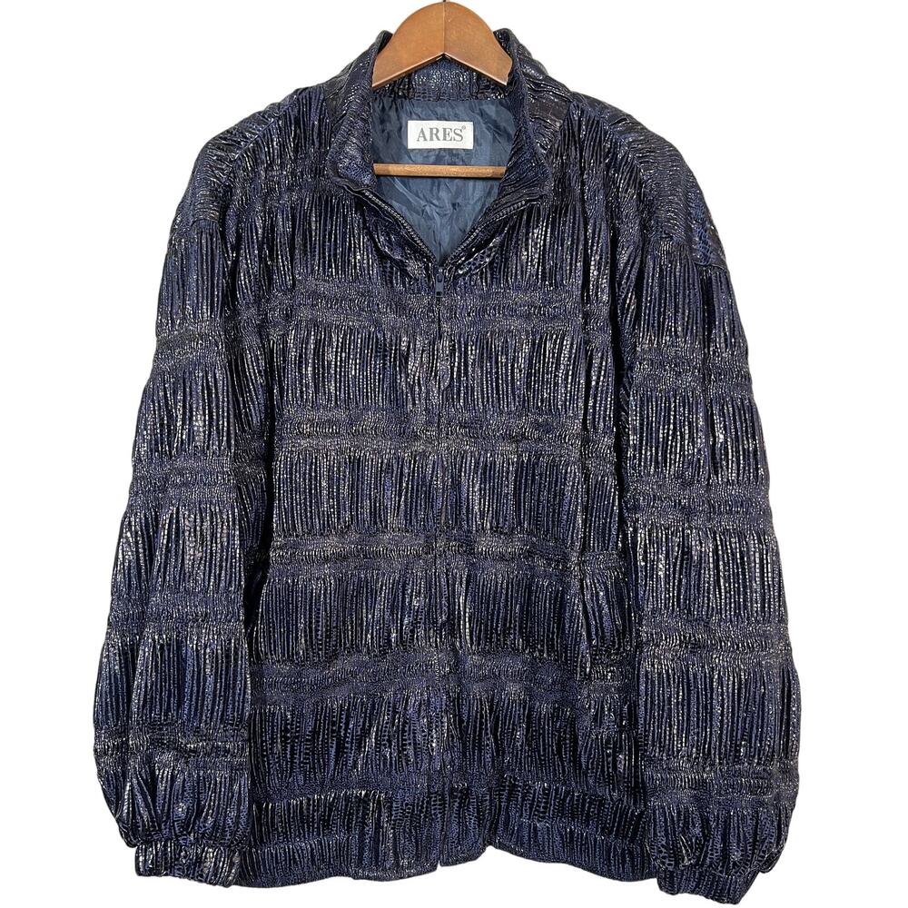 Vintage Ares Metallic Pleated Jacket Puffer Accordion Spotted Indigo - XL